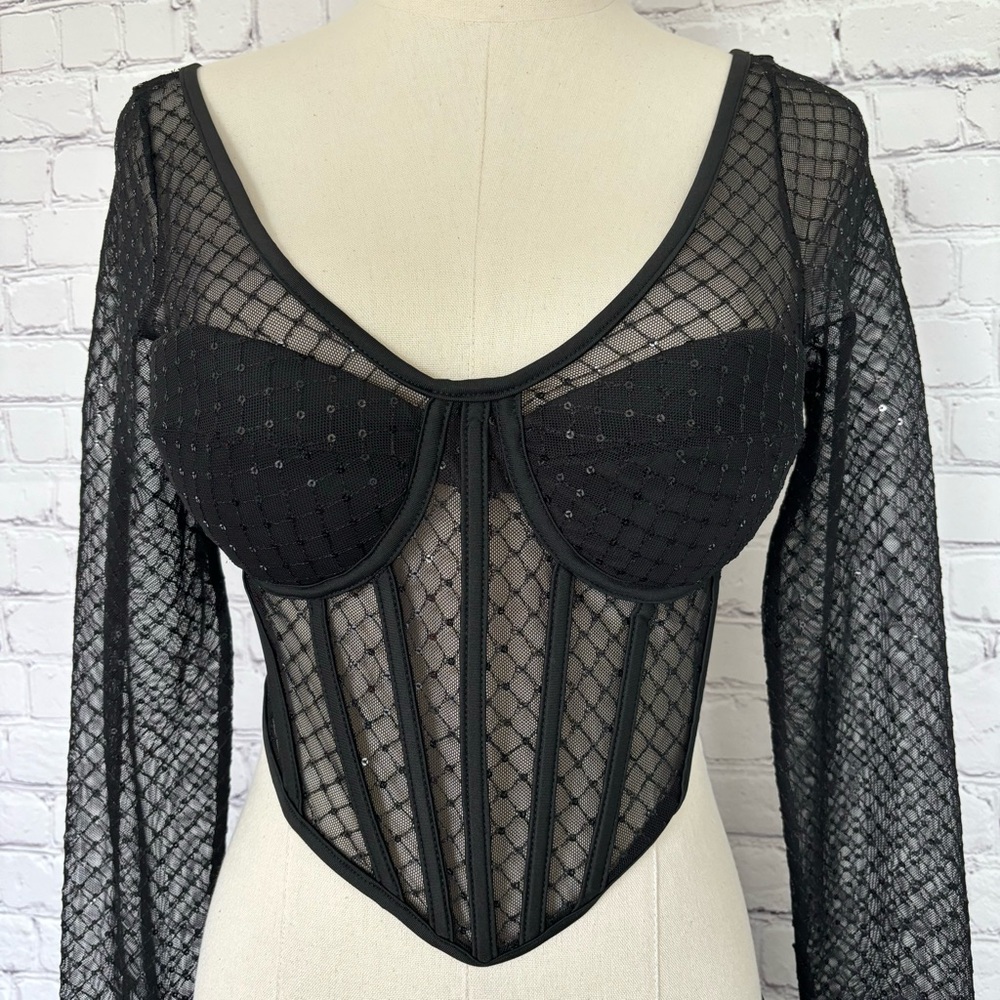 SINCERELY JULES Corset Style Sheer Lace Sequined Long Sleeve Cropped Bustier- M